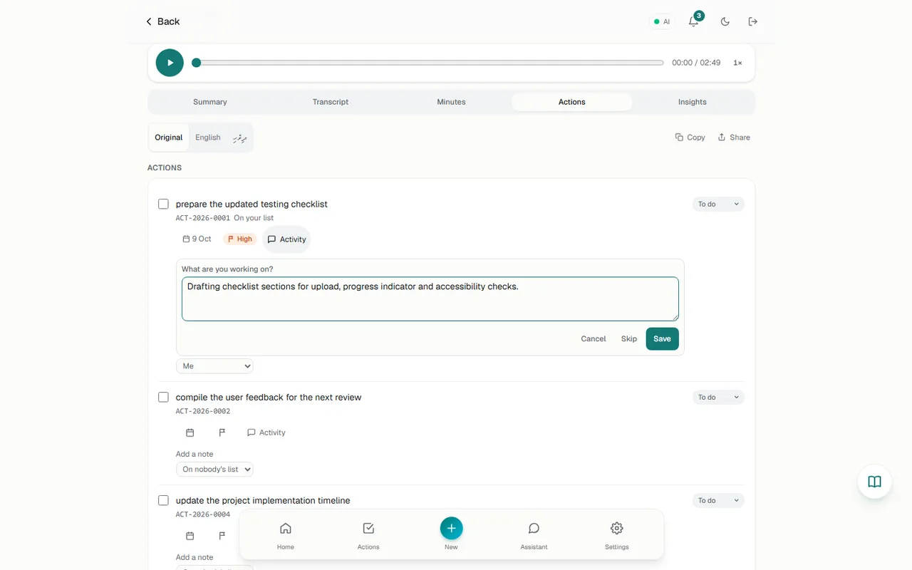 Moving to On-going asks "What are you working on?"