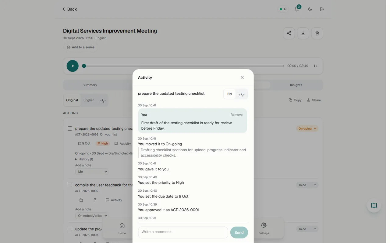 Activity drawer: comment plus full history of the action