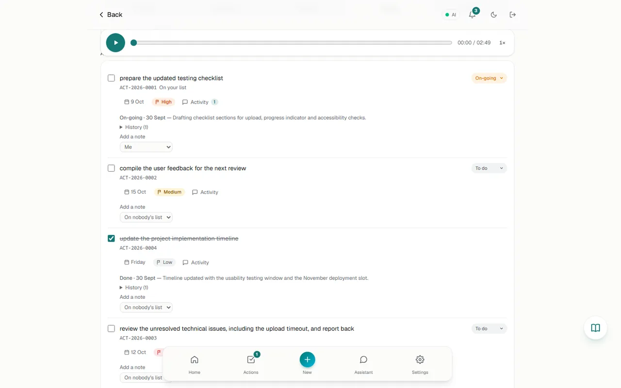 All four actions with dates, priorities and statuses
