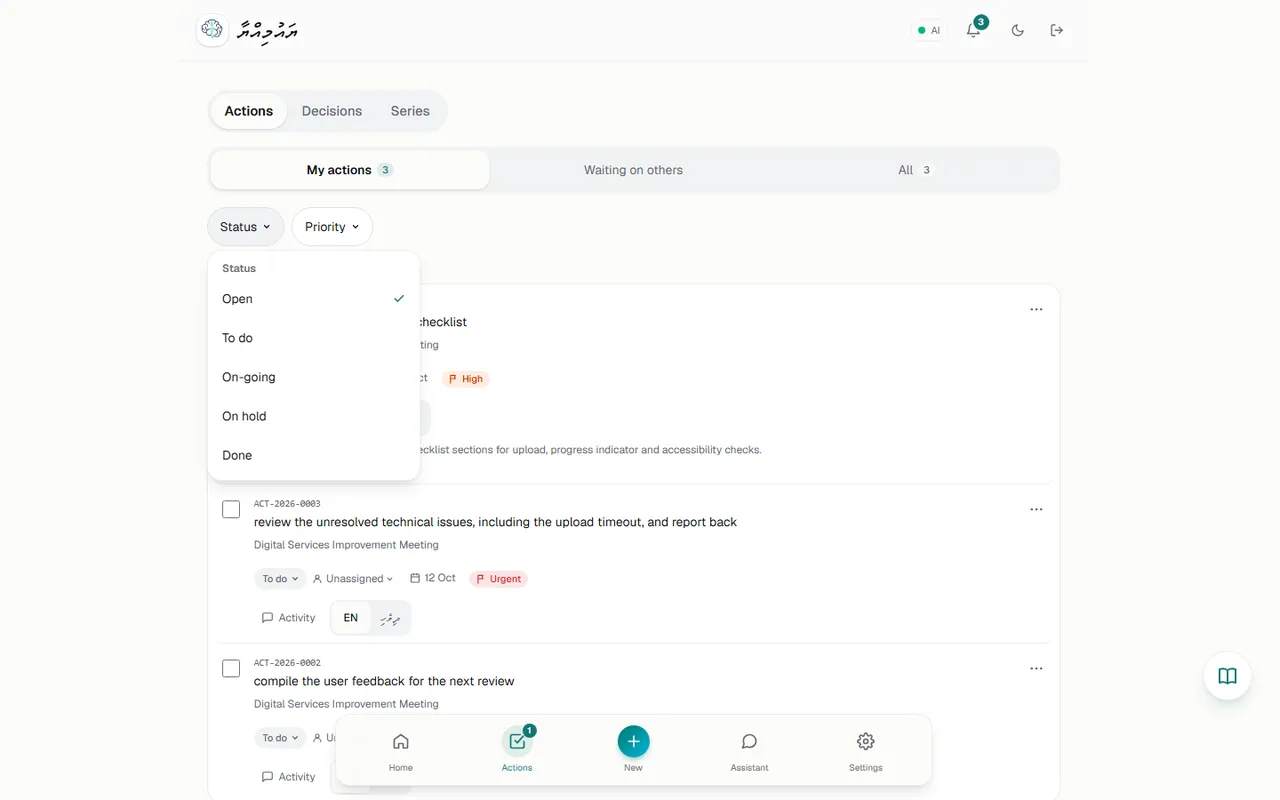Status filter: Open, To do, On-going, On hold, Done