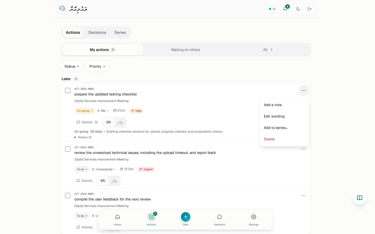 Per-action menu: Add a note, Edit wording, Add to series…, Delete