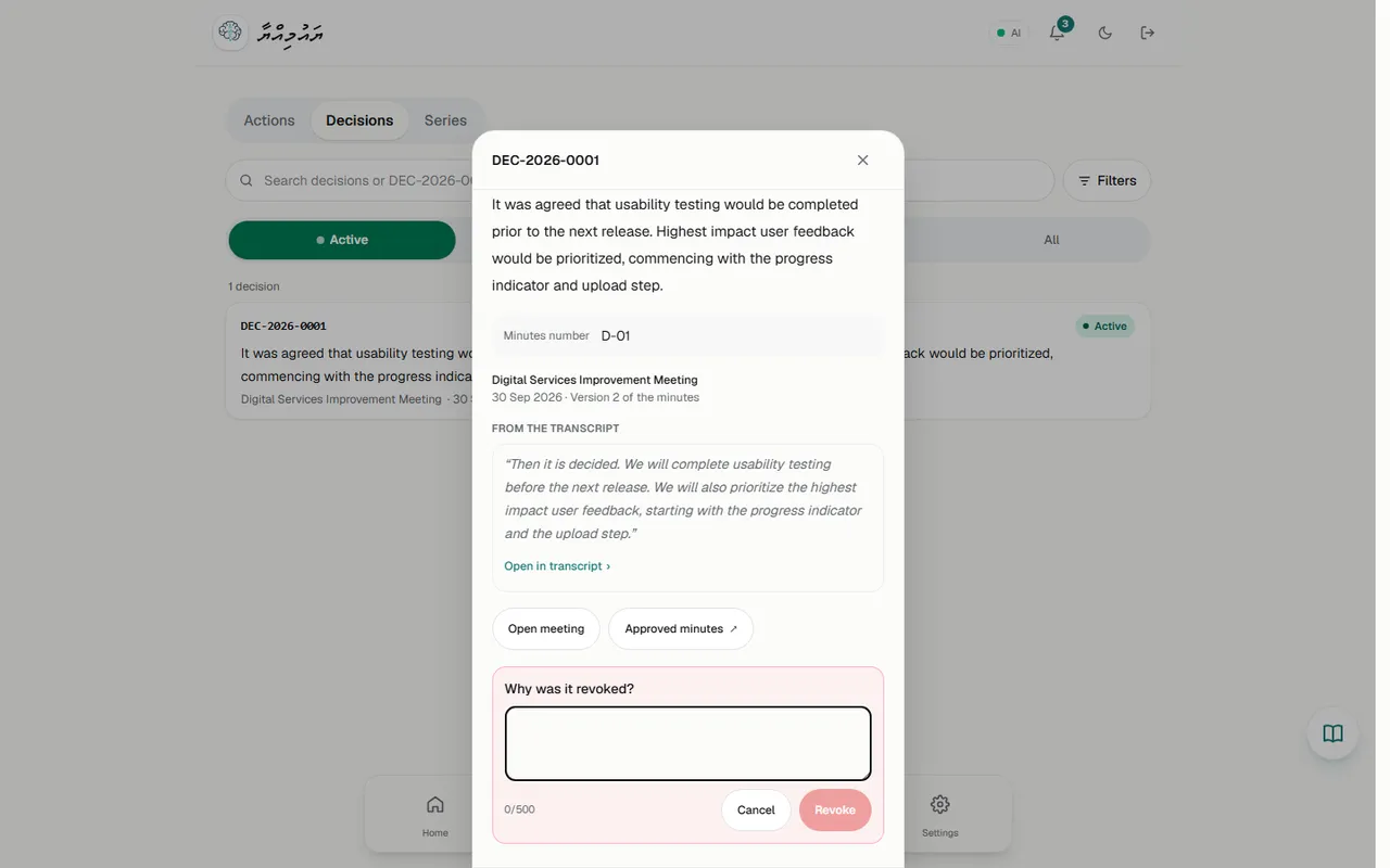 Revoke asks "Why was it revoked?" (0/500); Revoke stays disabled until a reason is typed