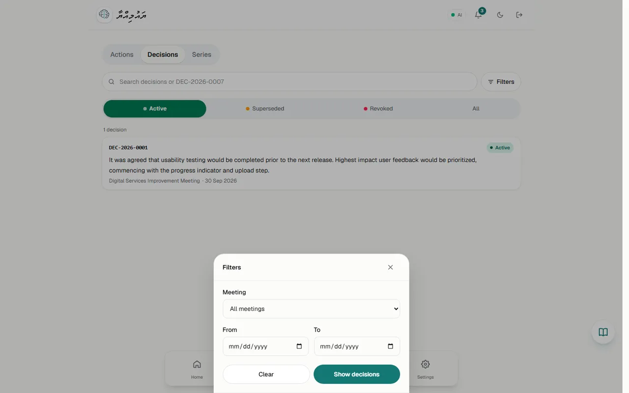 Filters: Meeting, From, To, Clear, Show decisions