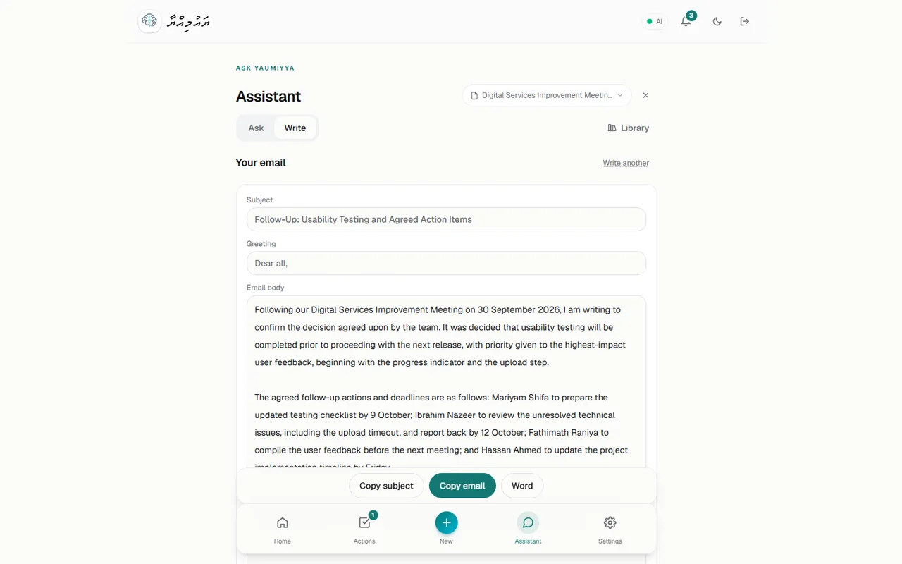 Generated email draft with Copy subject, Copy email and Word