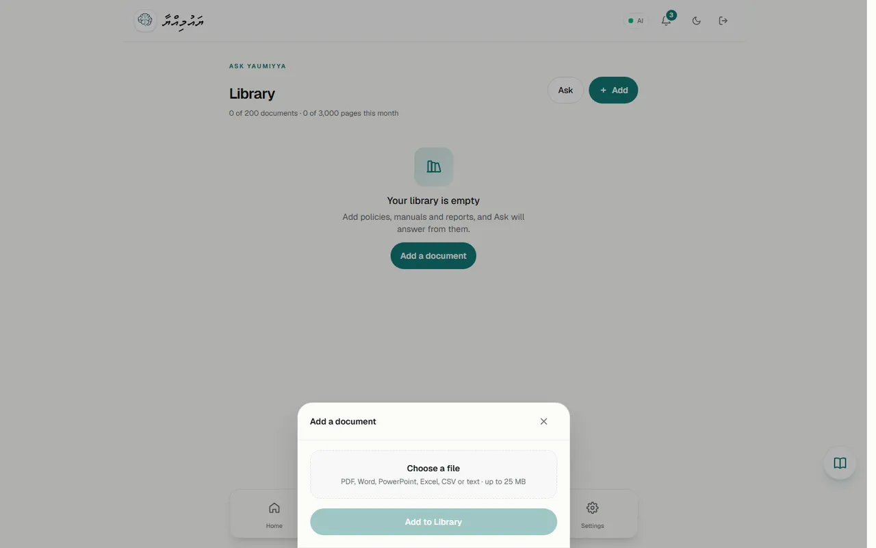 Add a document: choose a file (PDF, Word, PowerPoint, Excel, CSV, text · 25 MB)