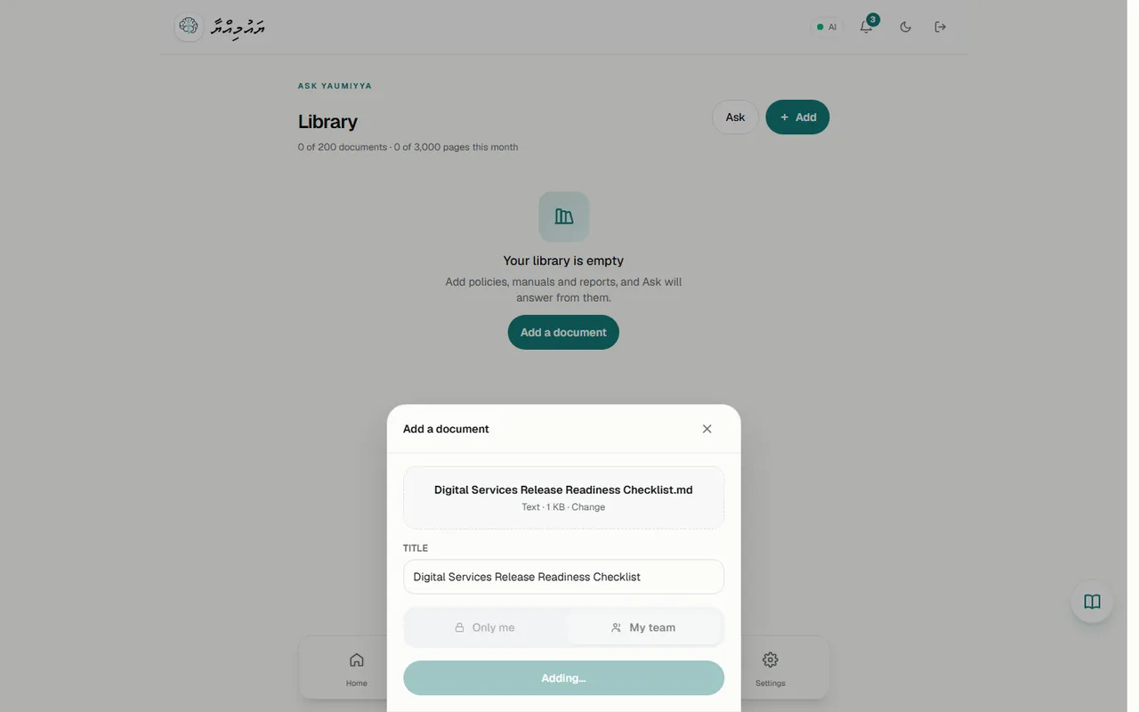 "Adding…" while the document is uploaded