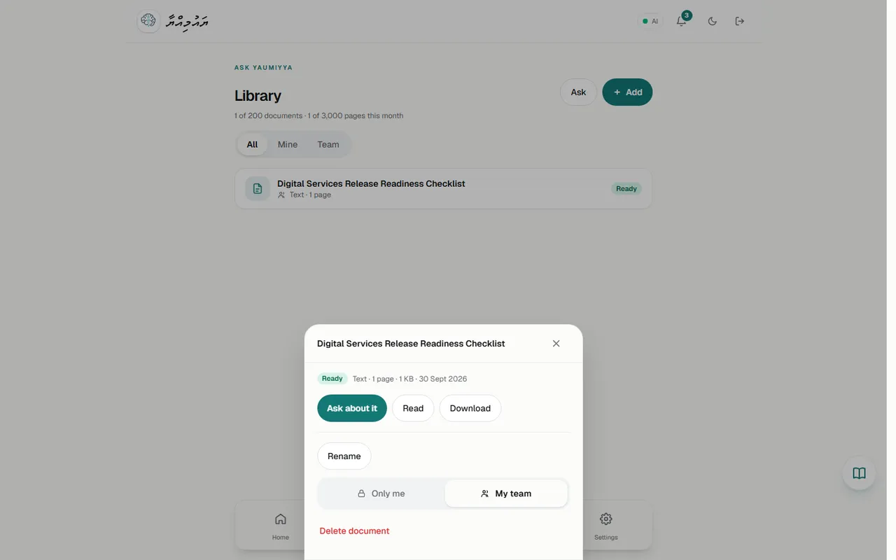 Ask about it, Read, Download, Rename, visibility, Delete document