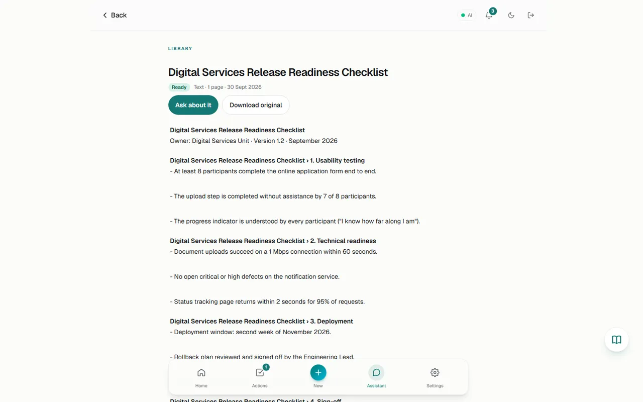 Document read view with sections