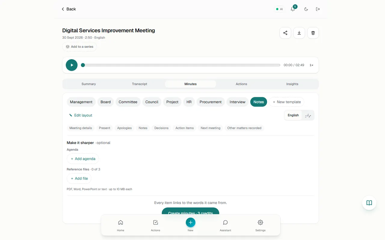 Minutes tab before minutes exist: template chips, layout, language, files