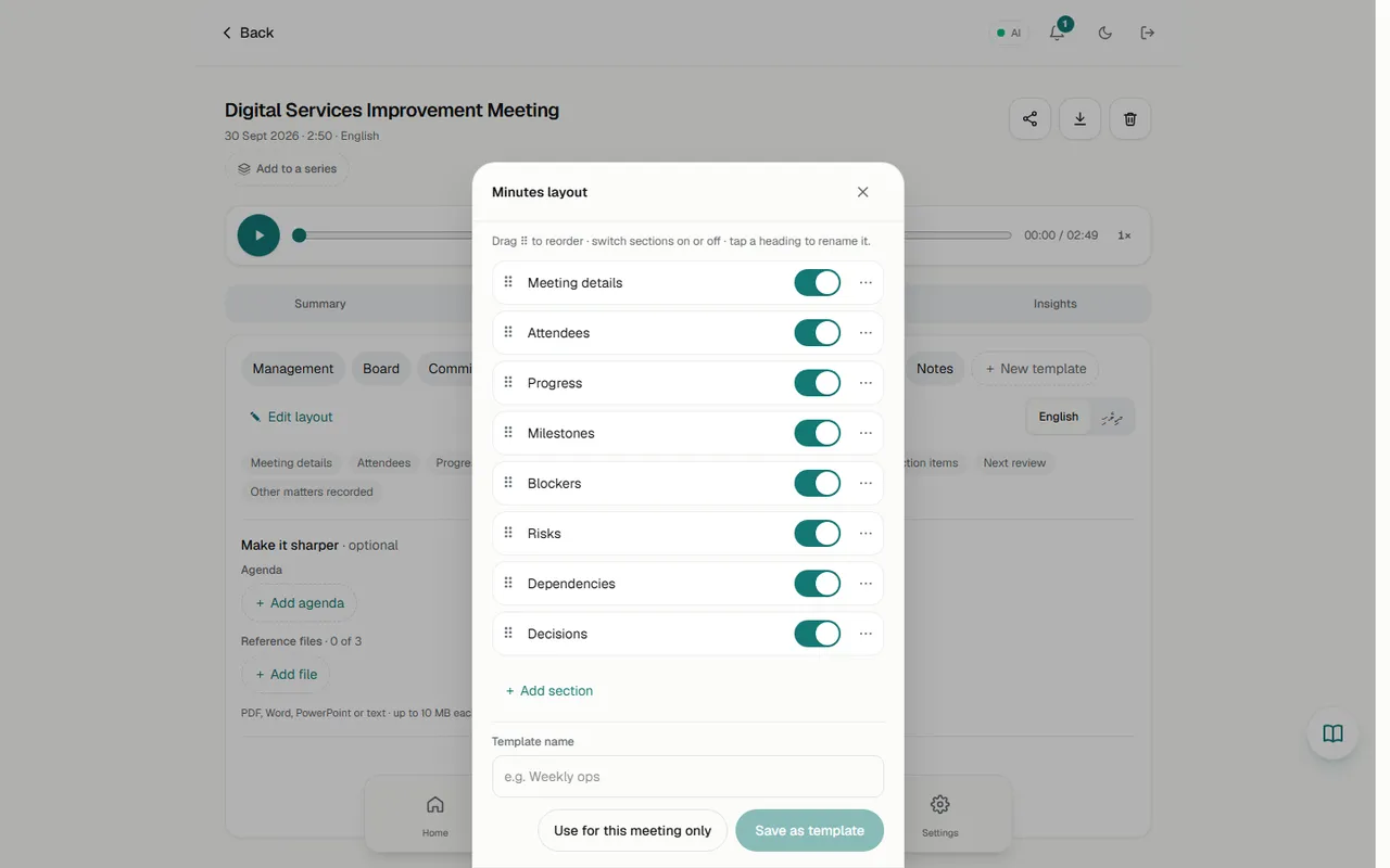 Minutes layout drawer: reorder, toggle and rename sections, save as template