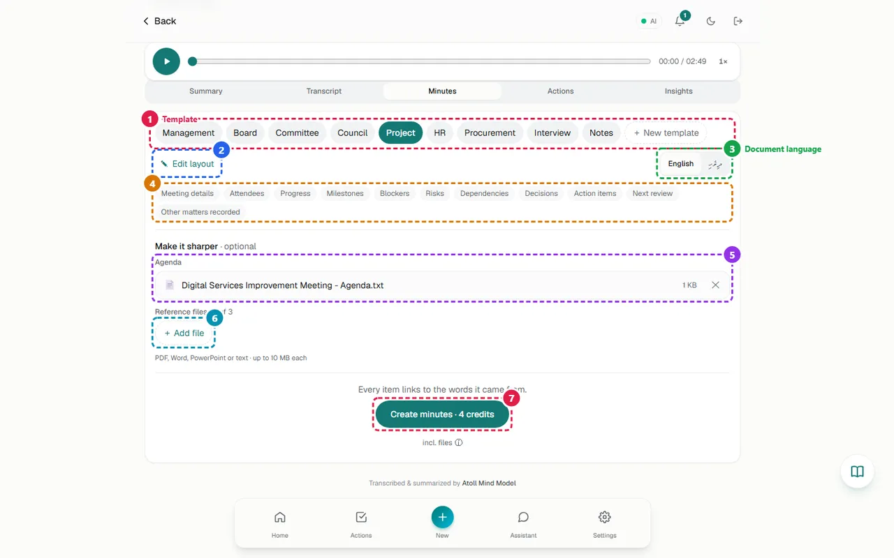 1 Template · 2 Edit layout · 3 Document language · 4 Sections preview · 5 Agenda file · 6 Reference files · 7 Create minutes