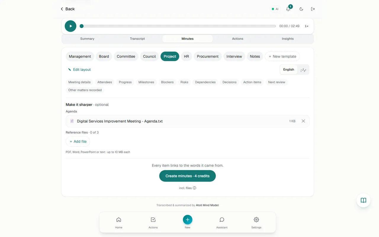 Project template chosen and an agenda file attached (4 credits incl. files)