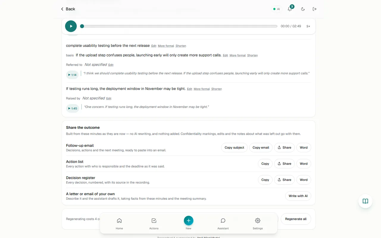 Follow-up email, Action list, Decision register, Write with AI, Print/Word/Regenerate all