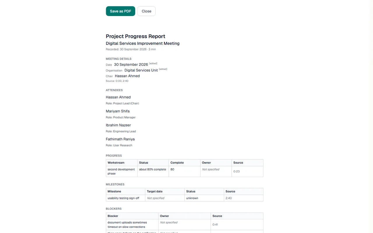 Print / PDF view of the minutes (Save as PDF, Close)