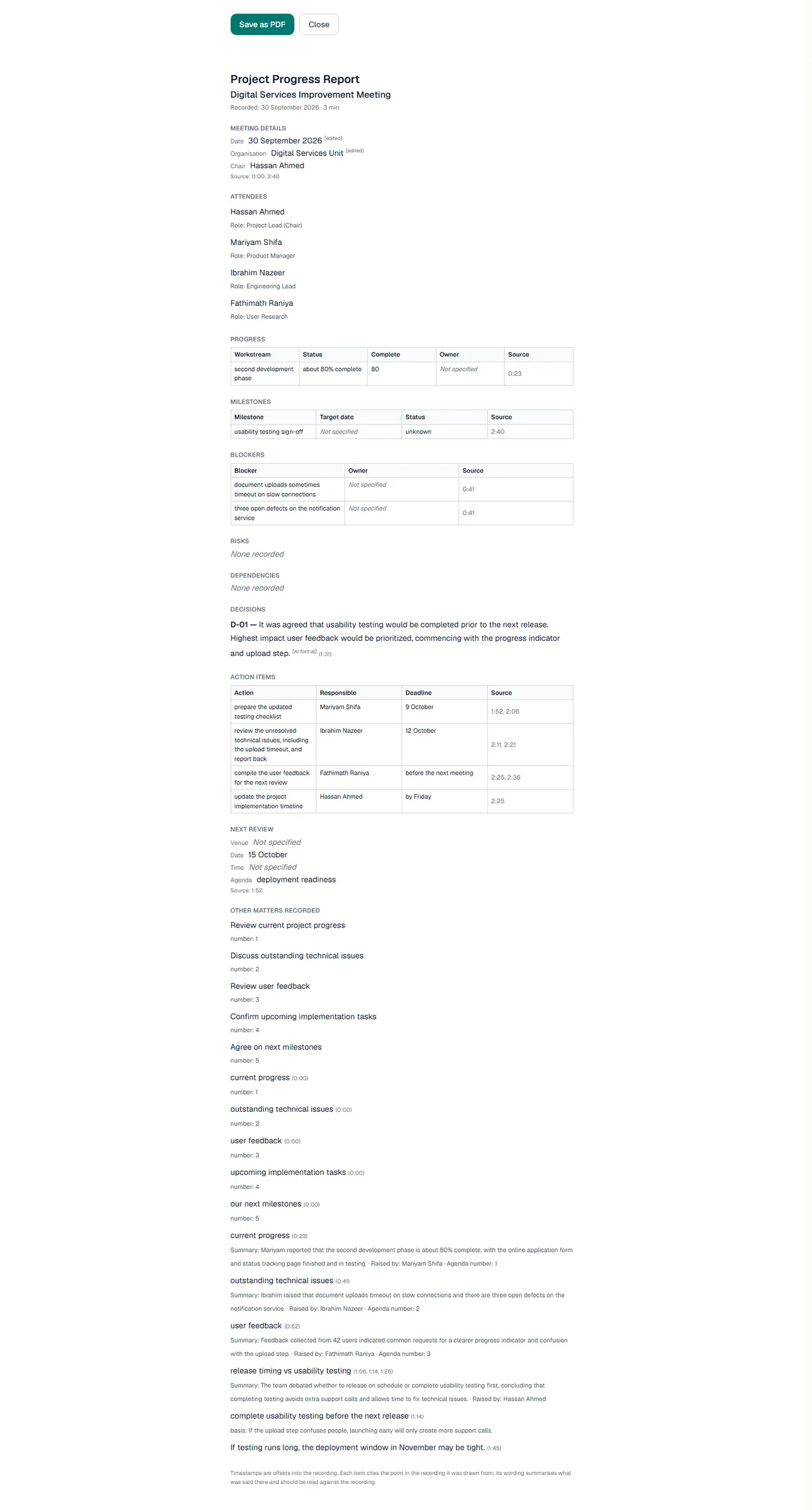 Full printable minutes document
