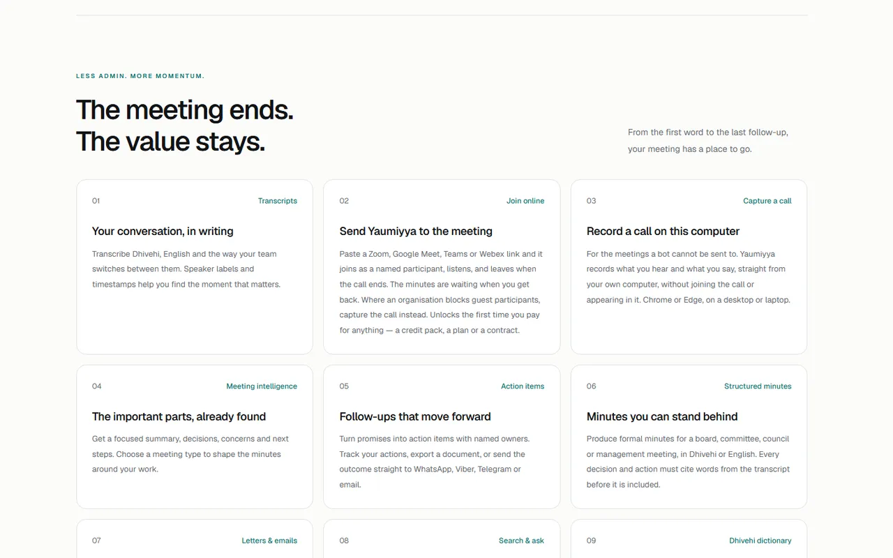 Feature cards section (transcripts, join online, capture, minutes, letters, search, dictionary)