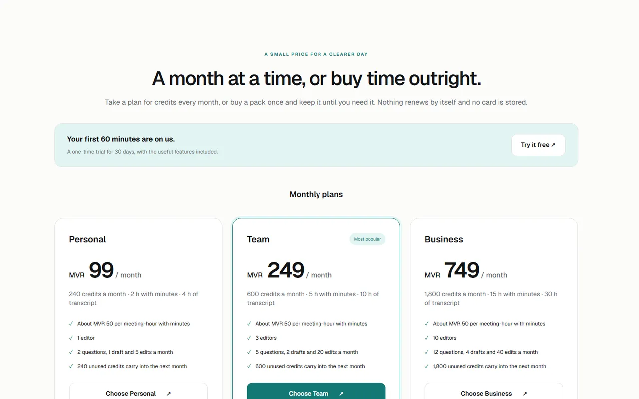 Pricing: monthly plans (Personal, Team, Business) and one-time credit packs