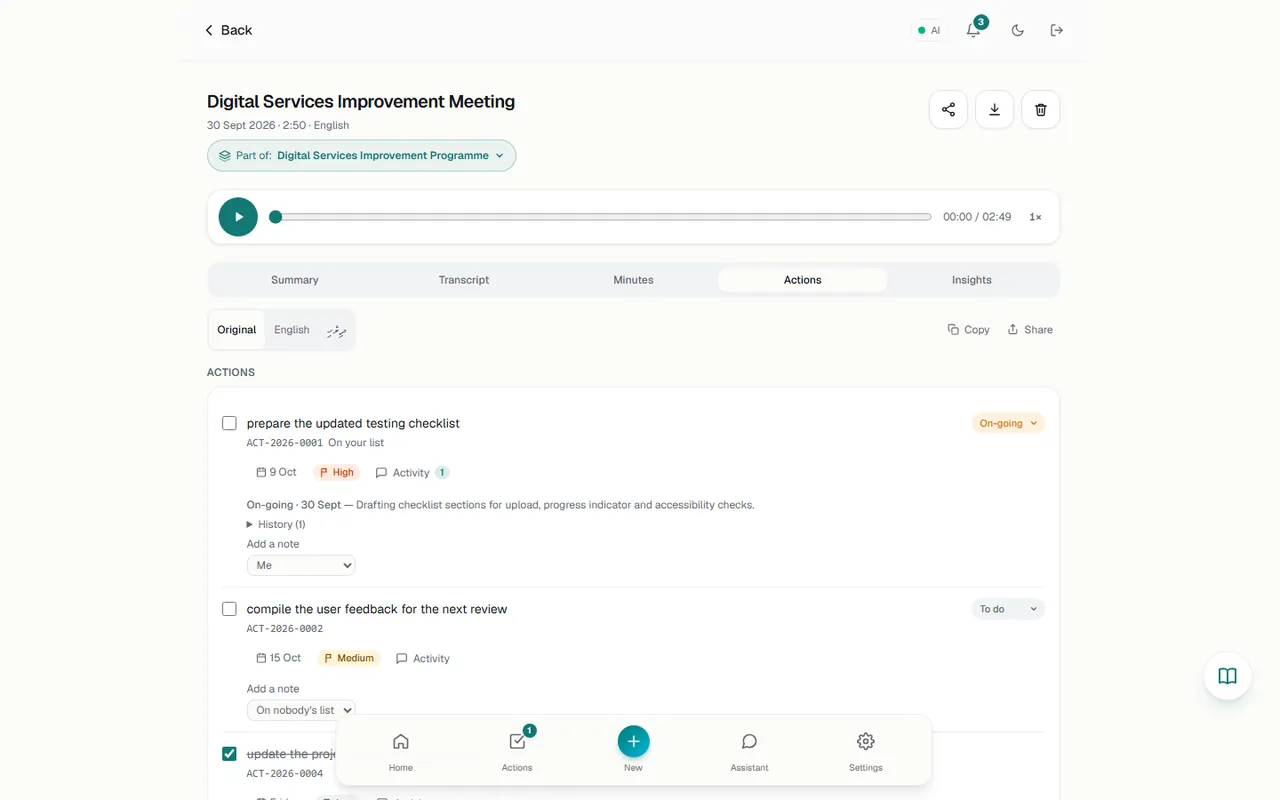 Meeting header now shows "Part of: Digital Services Improvement Programme"