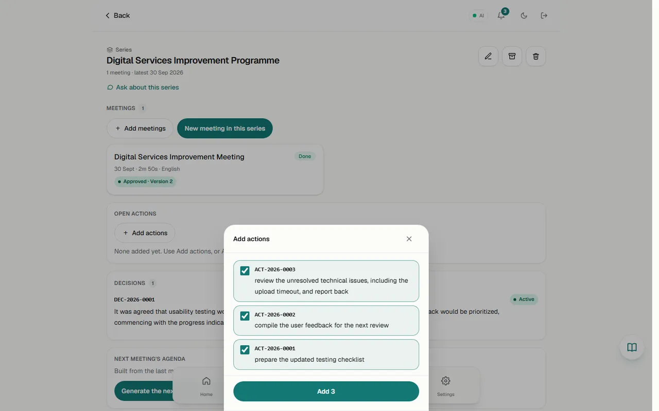 Add actions picker with three open actions selected