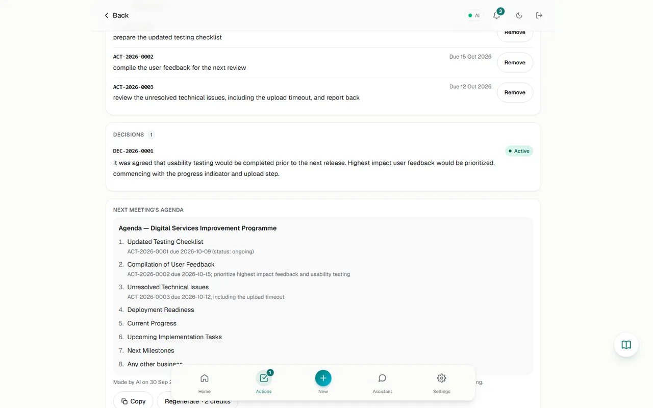 AI-generated next meeting agenda (Copy, Regenerate · 2 credits)