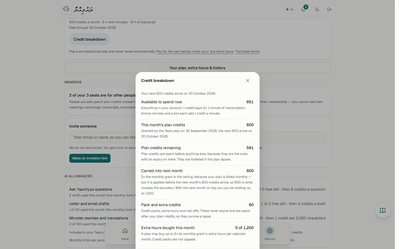 Credit breakdown dialog