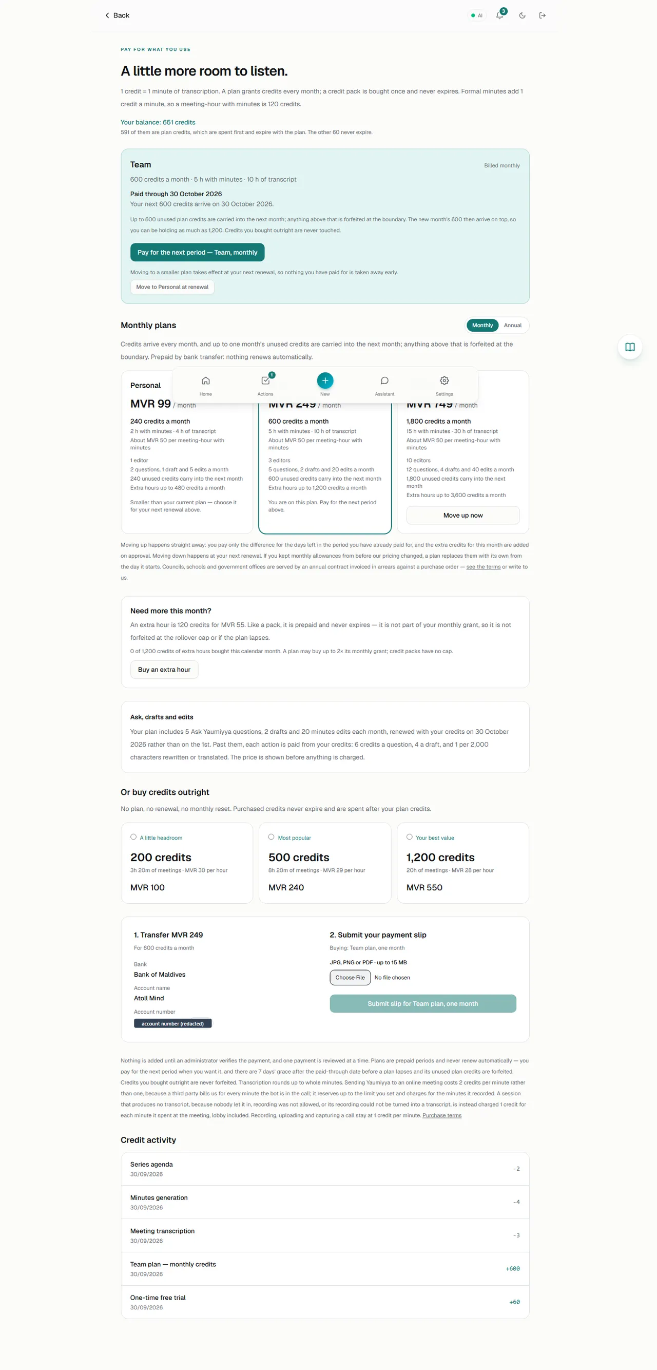 Plans, extra hours, packs, bank transfer, credit activity (account number redacted)