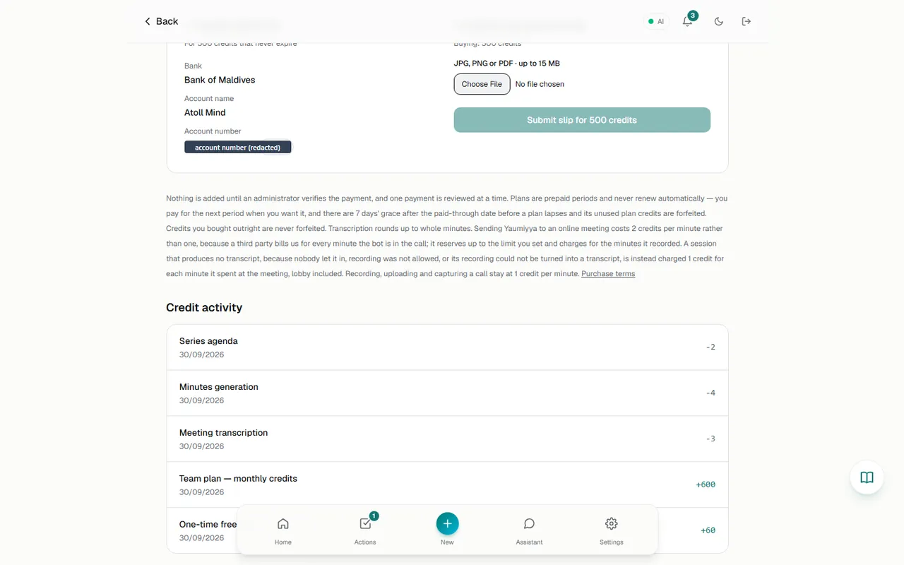 500-credit pack selected: Transfer MVR 240, Submit slip for 500 credits