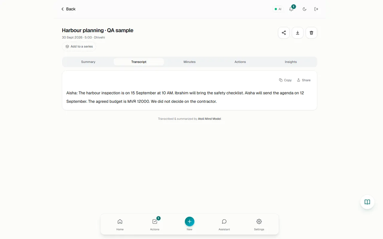 A transcript saved without speaker segments (seeded sample)